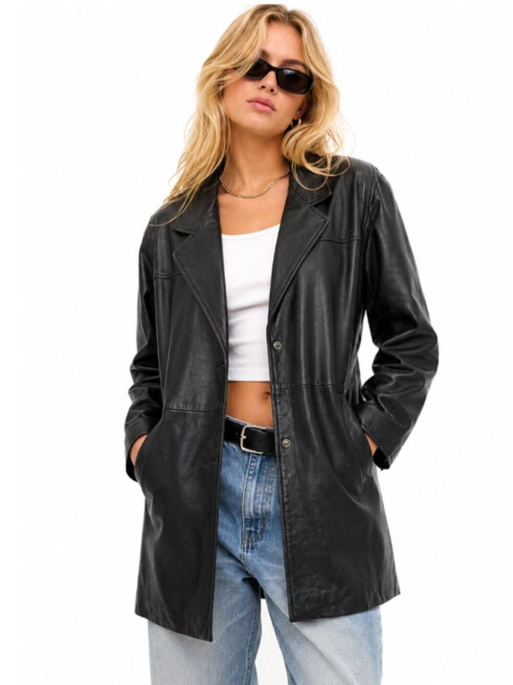 Wilsons Black Leather Tailored Long Jacket Large Snap Front